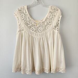 Free People Crochet Knit Top Womens S Tan Boho Chic Coastal Grandma Coquette Fun